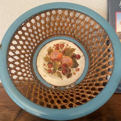 Prairie book with Pyrex mugs/bowls, blue bowl and fabrics napkins