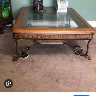 Wrought Iron, Wicker & Glass Coffee Table