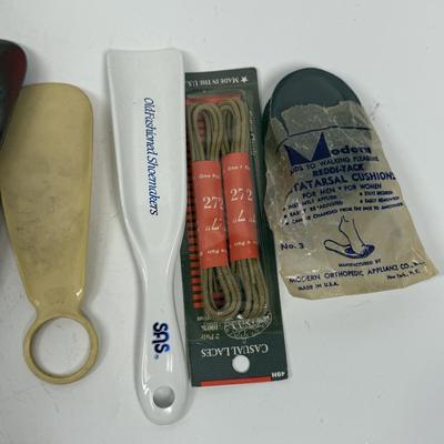 Vintage Shoehorn, Cushion, and Shoelace Lot