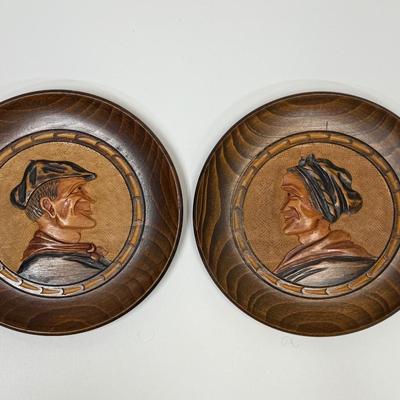 French Basque Vintage Wood Carved Hanging Plate Set