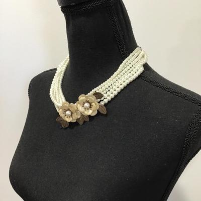 Beautiful, vintage, multi strand, faux, pearl enamel flower statement, necklace