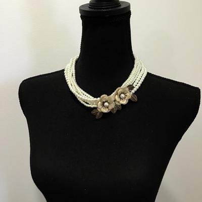 Beautiful, vintage, multi strand, faux, pearl enamel flower statement, necklace