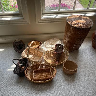 Large lot of baskets including tall storage basket