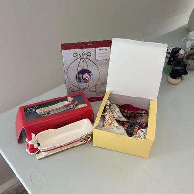 Christmas sled/cracker holder and box of antique ornaments