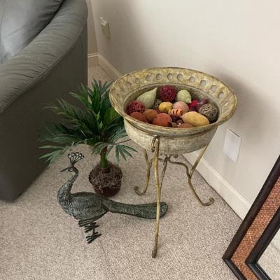 Peacock statue, plant stand and plant