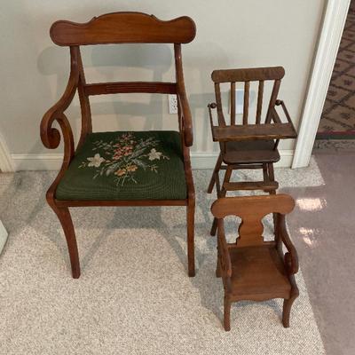 Antique wood chairs, larger needlepoint