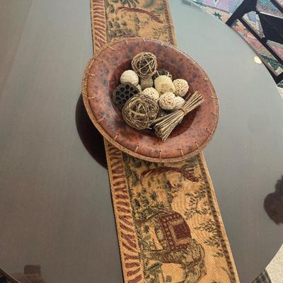Elephant and palm table runner and basket with decor