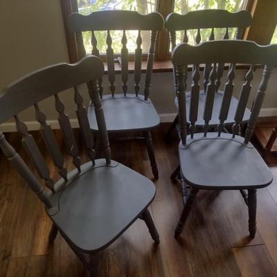 Set of Four Solid Wood Rustic Farm Chairs Antique Gray Paint Finish