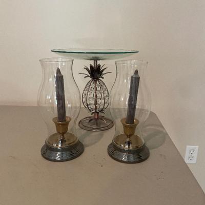 Two glass candle urns and pineapple dish