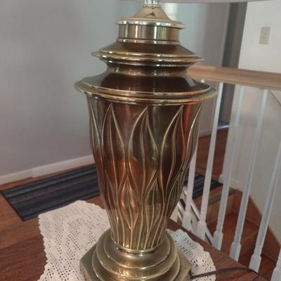Pair of Matching Heavy Brass Urn Shaped Table Lamps with Shades
