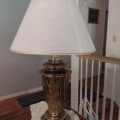 Pair of Matching Heavy Brass Urn Shaped Table Lamps with Shades
