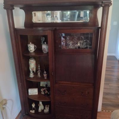 Antique Victorian Drop Front Secretary with Bow Front Side Hutch (No Contents)