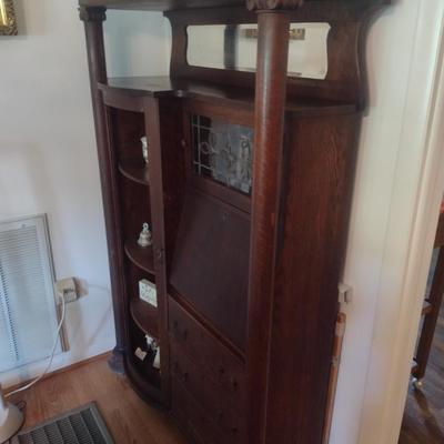 Antique Victorian Drop Front Secretary with Bow Front Side Hutch (No Contents)