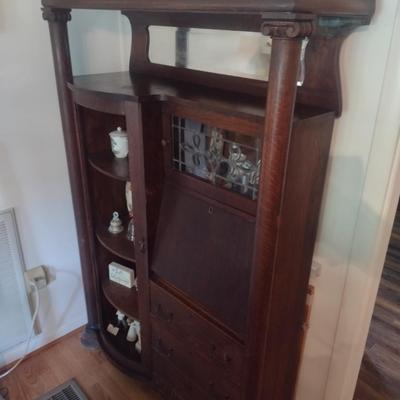 Antique Victorian Drop Front Secretary with Bow Front Side Hutch (No Contents)
