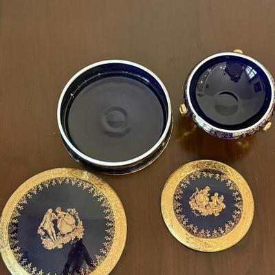 Limoges royal blue and gold bowls with lids