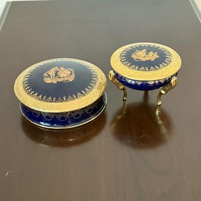 Limoges royal blue and gold bowls with lids