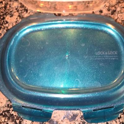 2 glass lidded food Storage Containers + Blue Cutting Board Set (3-Piece)