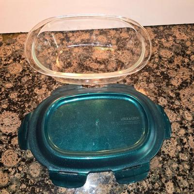 2 glass lidded food Storage Containers + Blue Cutting Board Set (3-Piece)