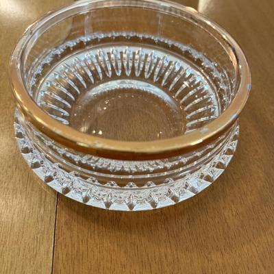 Three crystal pieces including glass rose flower bowl with gold trim