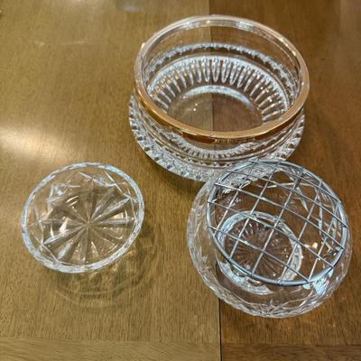 Three crystal pieces including glass rose flower bowl with gold trim