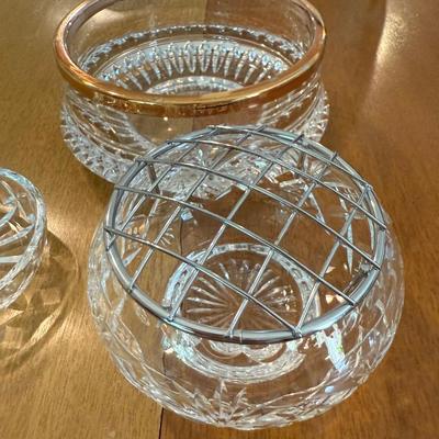 Three crystal pieces including glass rose flower bowl with gold trim