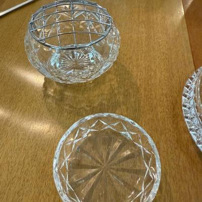 Three crystal pieces including glass rose flower bowl with gold trim