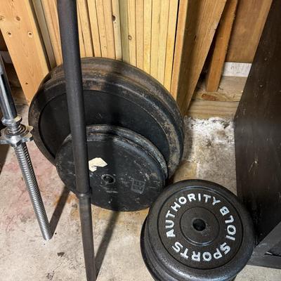 Marcy Weight bench and weights, 300 pounds of weights and two long bars
