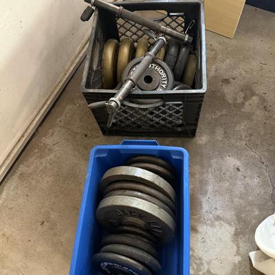 Marcy Weight bench and weights, 300 pounds of weights and two long bars