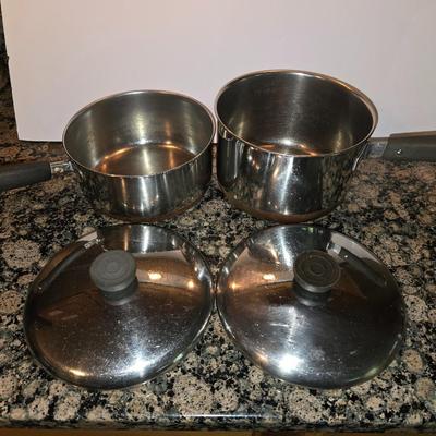 3-Piece Cookware Lot – 2 Stainless Steel Pots w/ Lids + Wagner Cast Iron Skillet