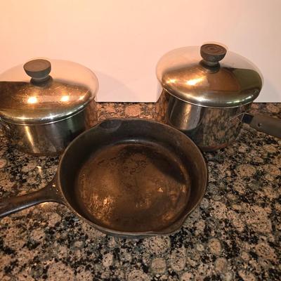 3-Piece Cookware Lot – 2 Stainless Steel Pots w/ Lids + Wagner Cast Iron Skillet