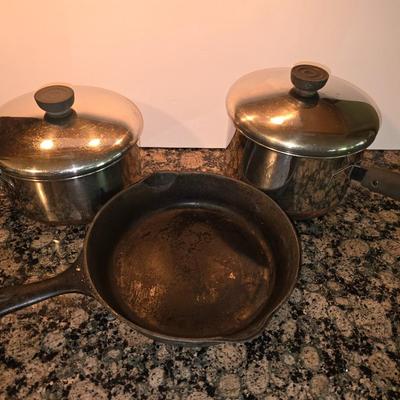 3-Piece Cookware Lot – 2 Stainless Steel Pots w/ Lids + Wagner Cast Iron Skillet
