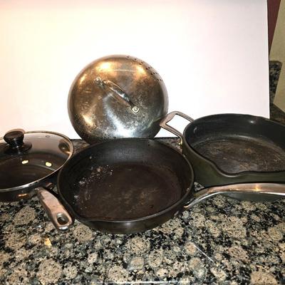 Mixed Fry Pan & Skillet Lot – Cast Iron, Nonstick, & Lids (5 Pieces)