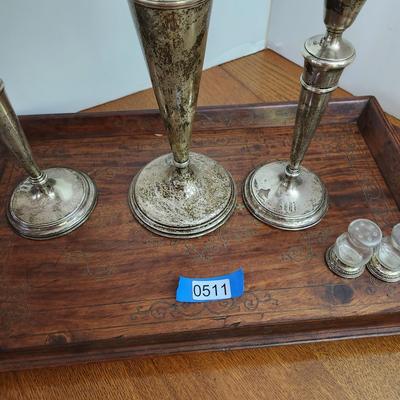 Weighted Sterling Silver Candle Sticks, Vase, Salt Pepper Shakers