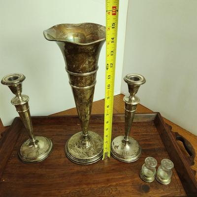 Weighted Sterling Silver Candle Sticks, Vase, Salt Pepper Shakers