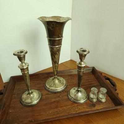 Weighted Sterling Silver Candle Sticks, Vase, Salt Pepper Shakers