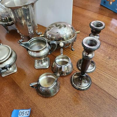 Silverplate Lot Candle Sticks, Cream & Sugar , Server Bowl