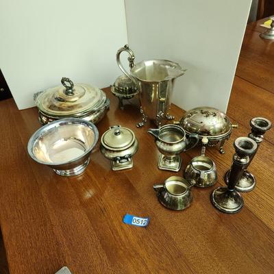 Silverplate Lot Candle Sticks, Cream & Sugar , Server Bowl