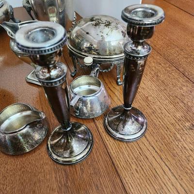 Silverplate Lot Candle Sticks, Cream & Sugar , Server Bowl