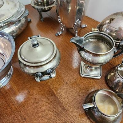 Silverplate Lot Candle Sticks, Cream & Sugar , Server Bowl