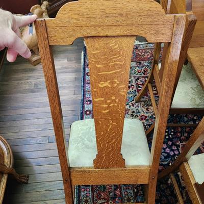 Oak Table 45"x44" w 5 10" Leaves on Casters w 6 Chairs by McNeill Chair Co