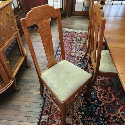 Oak Table 45"x44" w 5 10" Leaves on Casters w 6 Chairs by McNeill Chair Co