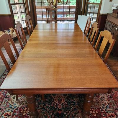 Oak Table 45"x44" w 5 10" Leaves on Casters w 6 Chairs by McNeill Chair Co