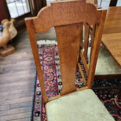 Oak Table 45"x44" w 5 10" Leaves on Casters w 6 Chairs by McNeill Chair Co