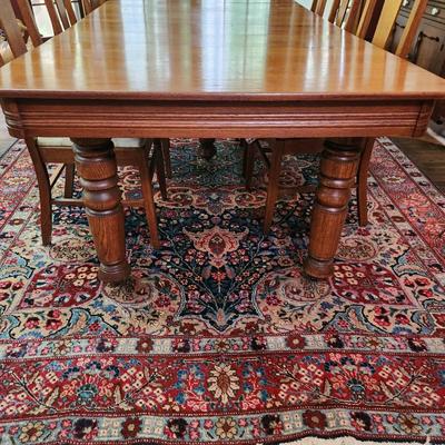 Oak Table 45"x44" w 5 10" Leaves on Casters w 6 Chairs by McNeill Chair Co