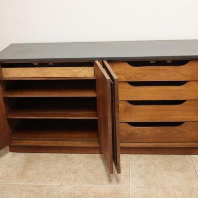 Mid Century Broyhill Sculptra Walnut And Slate Buffet Chest