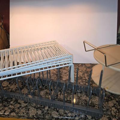 Kitchen Cabinet Organizers Lot – Dish Rack + Tiered Turntable + Lid Rack