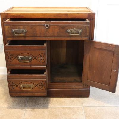 Vintage Wood Cabinet Base – Carved Details & Dovetail Drawers