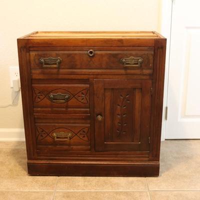 Vintage Wood Cabinet Base – Carved Details & Dovetail Drawers