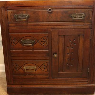 Vintage Wood Cabinet Base – Carved Details & Dovetail Drawers
