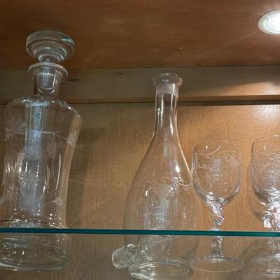 Lot of gorgeous etched glass pitchers, carafes, glassware and more